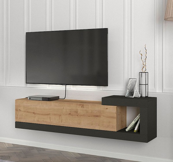 Έπιπλο τηλεόρασης επιτοίχιο Volare Megapap χρώμα sapphire oak - ανθρακί 150x29,6x38,6εκ.