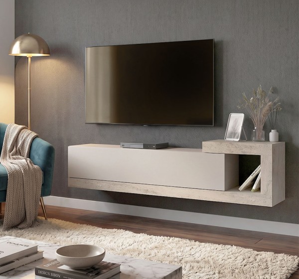 Έπιπλο τηλεόρασης επιτοίχιο Volare Megapap χρώμα sandstone - travertine 150x29,6x38,6εκ.