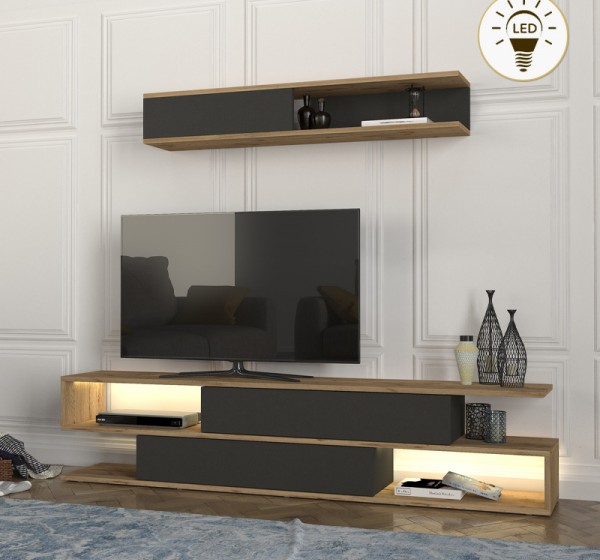 Σύνθεση τηλεόρασης Manet Megapap με LED χρώμα sepet oak - ανθρακί 180x29,5x39εκ.