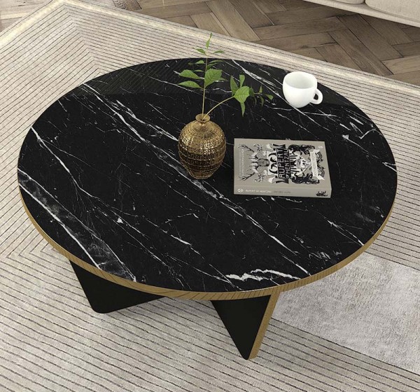 Τραπεζάκι σαλονιού Lagerta Megapap χρώμα μαύρο εφέ μαρμάρου Ø75x35εκ.