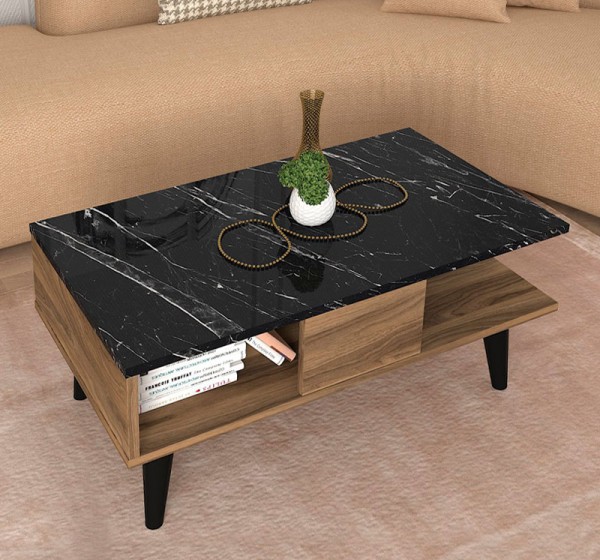 Τραπεζάκι σαλονιού Andros Megapap χρώμα καρυδί - μαύρο εφέ μαρμάρου 90x54x39,6εκ.