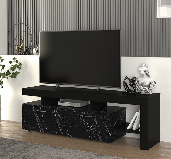Έπιπλο τηλεόρασης Acnes Megapap χρώμα μαύρο - μαύρο εφέ μαρμάρου 160x40x53εκ.