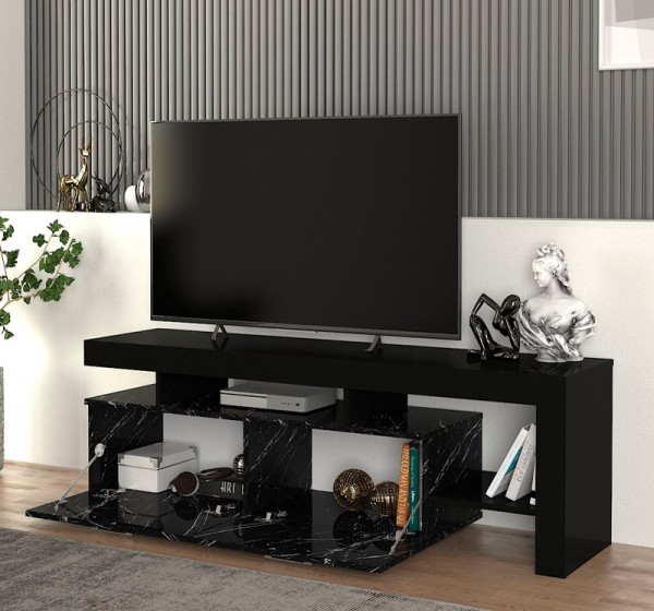 Έπιπλο τηλεόρασης Acnes Megapap χρώμα μαύρο - μαύρο εφέ μαρμάρου 160x40x53εκ.
