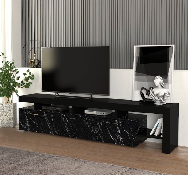 Έπιπλο τηλεόρασης Acnes Megapap χρώμα μαύρο - μαύρο εφέ μαρμάρου 220x40x52εκ.