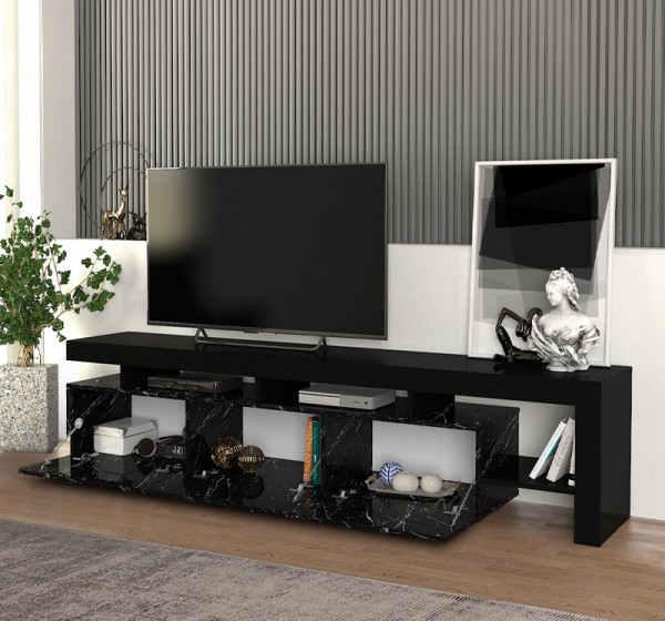 Έπιπλο τηλεόρασης Acnes Megapap χρώμα μαύρο - μαύρο εφέ μαρμάρου 220x40x52εκ.