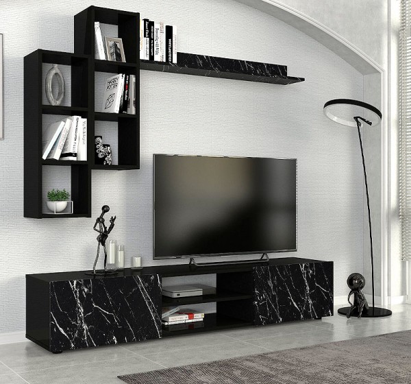 Σύνθεση τηλεόρασης Duana Megapap χρώμα μαύρο εφέ μαρμάρου - μαύρο 180x38x35,7εκ.