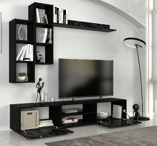 Σύνθεση τηλεόρασης Duana Megapap χρώμα μαύρο εφέ μαρμάρου - μαύρο 180x38x35,7εκ.