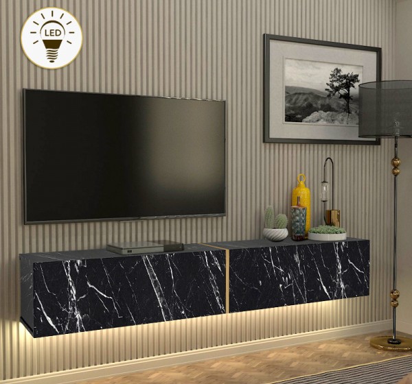 Έπιπλο τηλεόρασης επιτοίχιο Figure Megapap με LED χρώμα μαύρο εφέ μαρμάρου 181,8x31,7x30εκ.