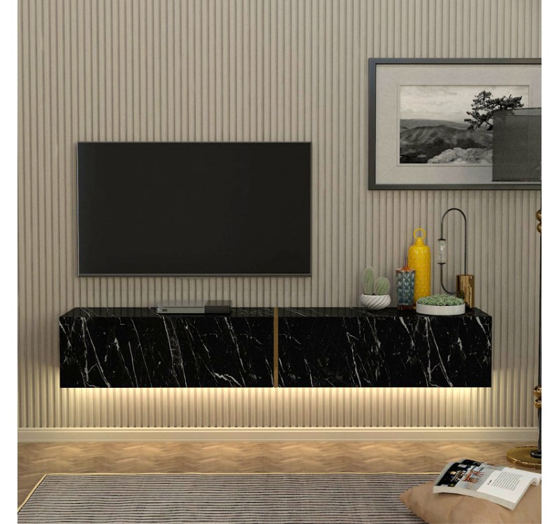 Έπιπλο τηλεόρασης επιτοίχιο Figure Megapap με LED χρώμα μαύρο εφέ μαρμάρου 181,8x31,7x30εκ.