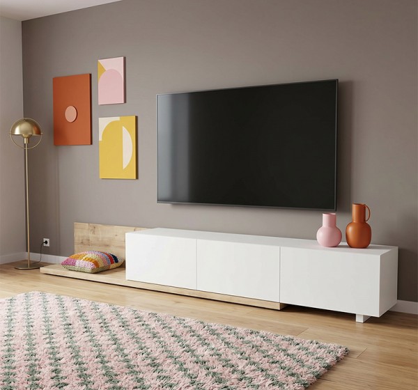 Έπιπλο τηλεόρασης Enstey Megapap επεκτεινόμενο χρώμα sapphire oak - λευκό 260x41,8x33,5εκ.
