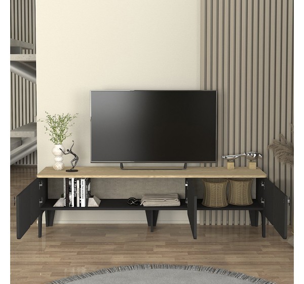 Έπιπλο τηλεόρασης Pedro Megapap χρώμα ανθρακί - rota oak 180x35x50,7εκ.