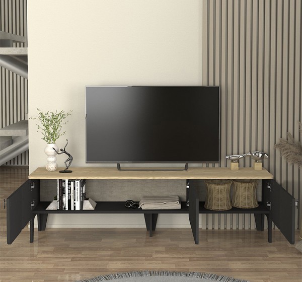Έπιπλο τηλεόρασης Pedro Megapap χρώμα ανθρακί - rota oak 180x35x50,7εκ.