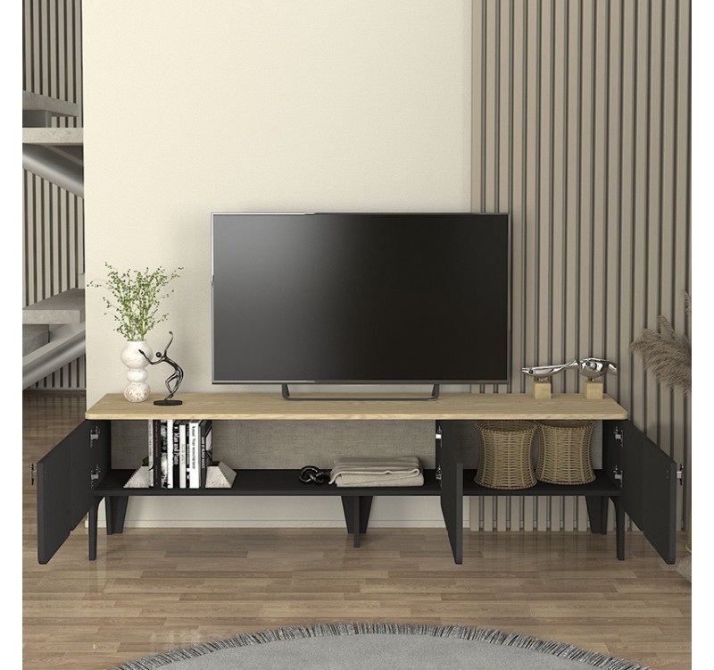 Έπιπλο τηλεόρασης Pedro Megapap χρώμα ανθρακί - rota oak 180x35x50,7εκ.