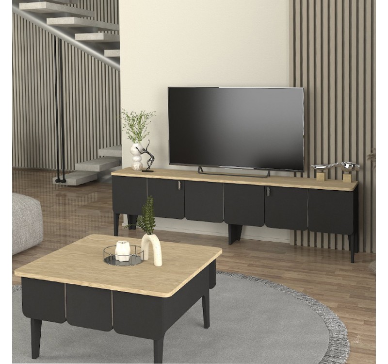 Έπιπλο τηλεόρασης Pedro Megapap χρώμα ανθρακί - rota oak 180x35x50,7εκ.