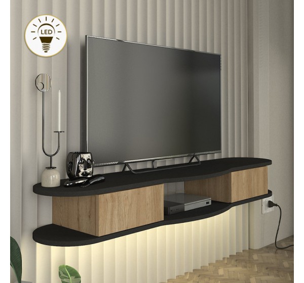 Έπιπλο τηλεόρασης επιτοίχιο Perk Megapap με LED χρώμα ανθρακί - sepet oak 150x35x19,2εκ.