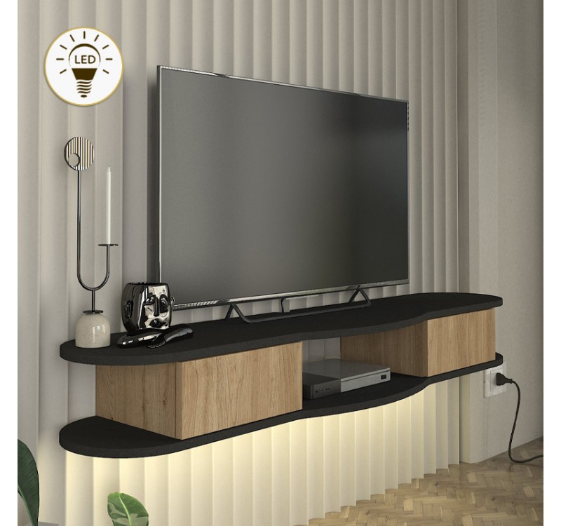 Έπιπλο τηλεόρασης επιτοίχιο Perk Megapap με LED χρώμα ανθρακί - sepet oak 150x35x19,2εκ.