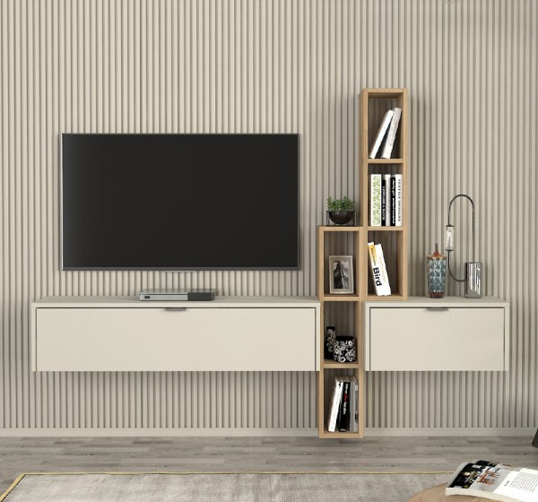 Σύνθεση τηλεόρασης επιτοίχια Edgar χρώμα sandstone - sepet oak 198,4x29,6x148,5εκ.