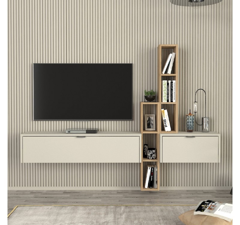 Σύνθεση τηλεόρασης επιτοίχια Edgar χρώμα sandstone - sepet oak 198,4x29,6x148,5εκ.