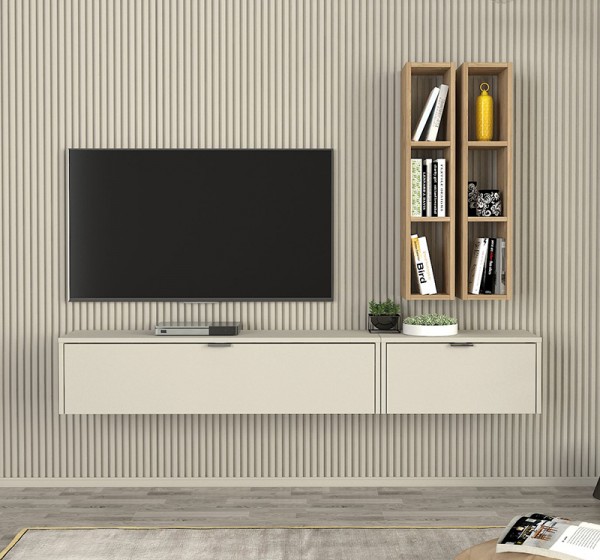 Σύνθεση τηλεόρασης επιτοίχια Edgar χρώμα sandstone - sepet oak 198,4x29,6x148,5εκ.