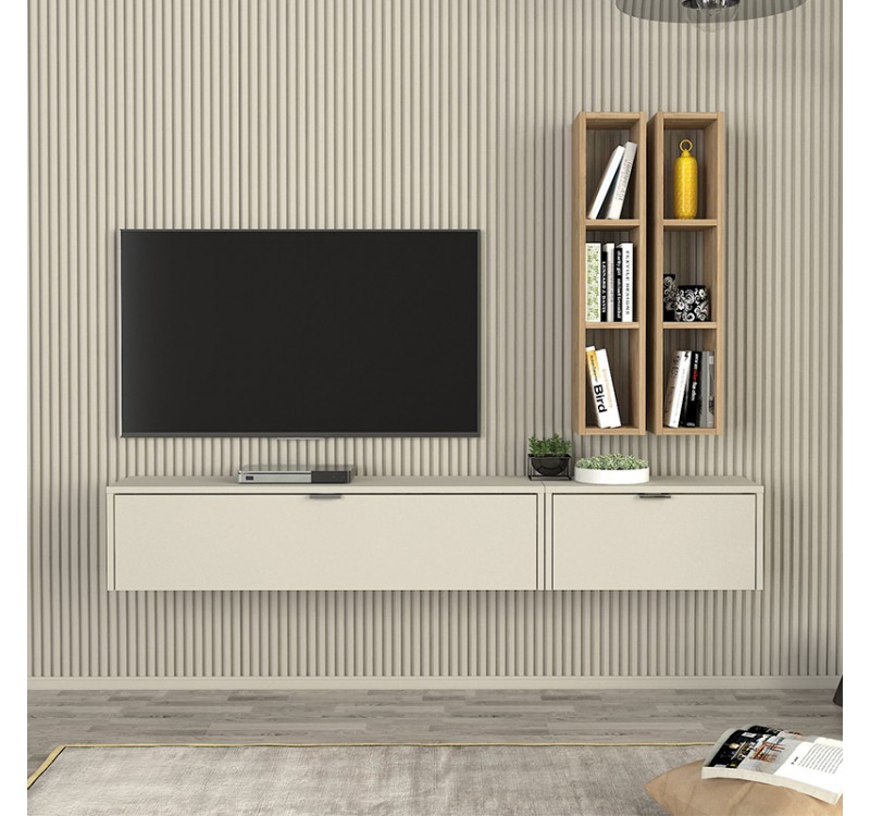 Σύνθεση τηλεόρασης επιτοίχια Edgar χρώμα sandstone - sepet oak 198,4x29,6x148,5εκ.
