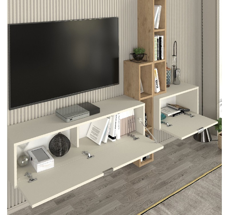 Σύνθεση τηλεόρασης επιτοίχια Edgar χρώμα sandstone - sepet oak 198,4x29,6x148,5εκ.