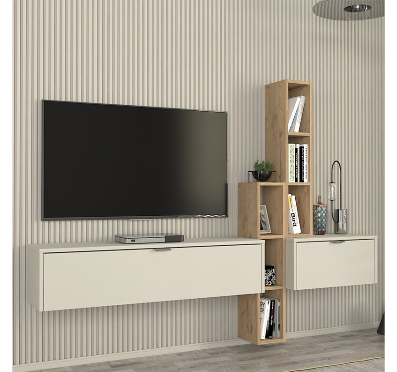 Σύνθεση τηλεόρασης επιτοίχια Edgar χρώμα sandstone - sepet oak 198,4x29,6x148,5εκ.