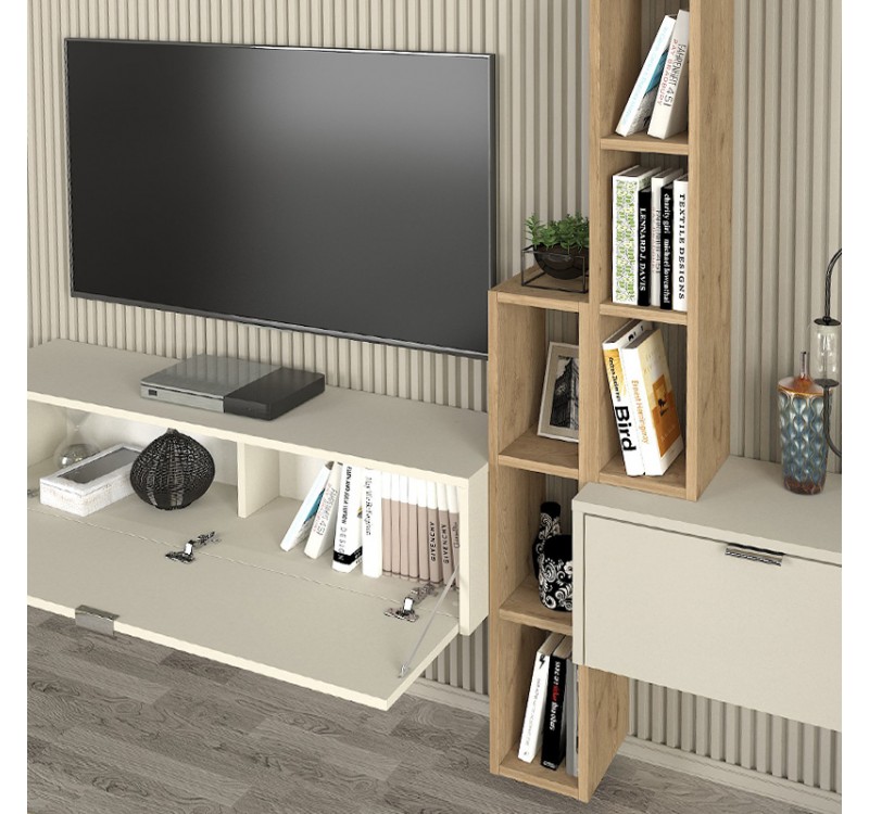 Σύνθεση τηλεόρασης επιτοίχια Edgar χρώμα sandstone - sepet oak 198,4x29,6x148,5εκ.