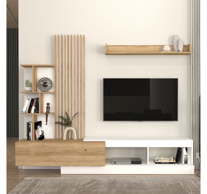 Σύνθεση τηλεόρασης Vermont Megapap χρώμα λευκό - sepet oak 240x40x192εκ.