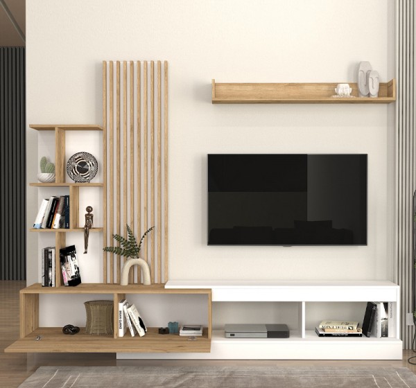 Σύνθεση τηλεόρασης Vermont Megapap χρώμα λευκό - sepet oak 240x40x192εκ.