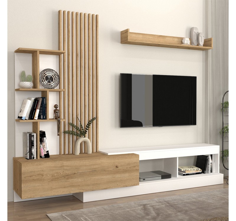Σύνθεση τηλεόρασης Vermont Megapap χρώμα λευκό - sepet oak 240x40x192εκ.