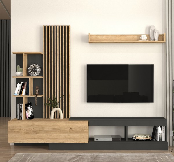 Σύνθεση τηλεόρασης Vermont Megapap χρώμα ανθρακί - sepet oak 240x40x192εκ.