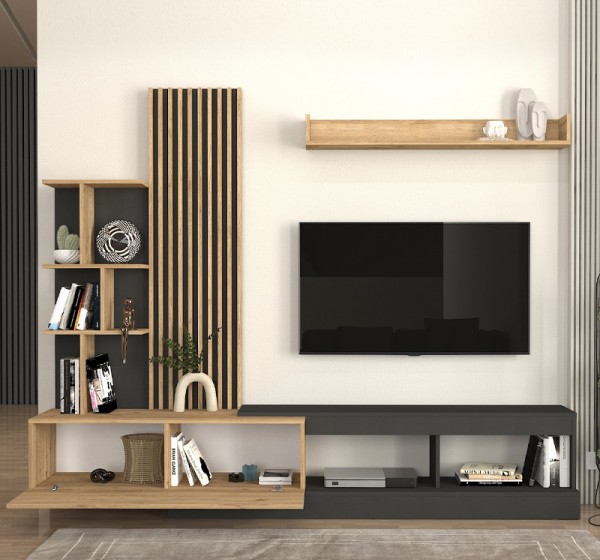 Σύνθεση τηλεόρασης Vermont Megapap χρώμα ανθρακί - sepet oak 240x40x192εκ.