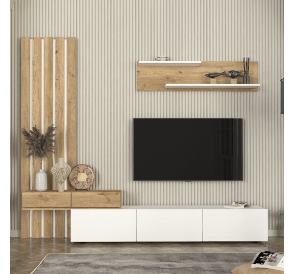 Σύνθεση τηλεόρασης Rosaline Megapap χρώμα λευκό - sepet oak 233x31,3x196,8εκ.