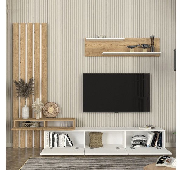 Σύνθεση τηλεόρασης Rosaline Megapap χρώμα λευκό - sepet oak 233x31,3x196,8εκ.