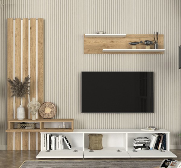 Σύνθεση τηλεόρασης Rosaline Megapap χρώμα λευκό - sepet oak 233x31,3x196,8εκ.