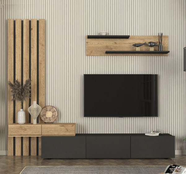 Σύνθεση τηλεόρασης Rosaline Megapap χρώμα ανθρακί - sepet oak 233x31,3x196,8εκ.