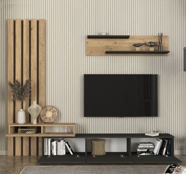 Σύνθεση τηλεόρασης Rosaline Megapap χρώμα ανθρακί - sepet oak 233x31,3x196,8εκ.