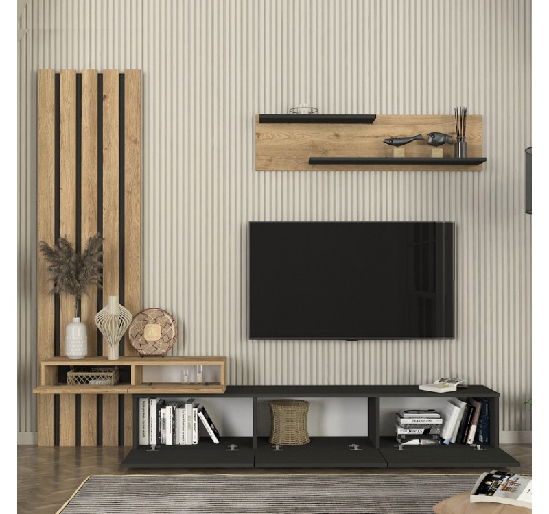 Σύνθεση τηλεόρασης Rosaline Megapap χρώμα ανθρακί - sepet oak 233x31,3x196,8εκ.