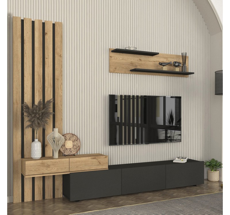 Σύνθεση τηλεόρασης Rosaline Megapap χρώμα ανθρακί - sepet oak 233x31,3x196,8εκ.