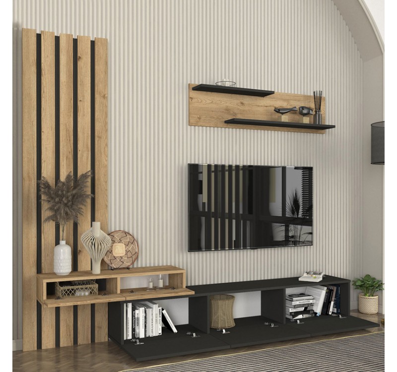Σύνθεση τηλεόρασης Rosaline Megapap χρώμα ανθρακί - sepet oak 233x31,3x196,8εκ.