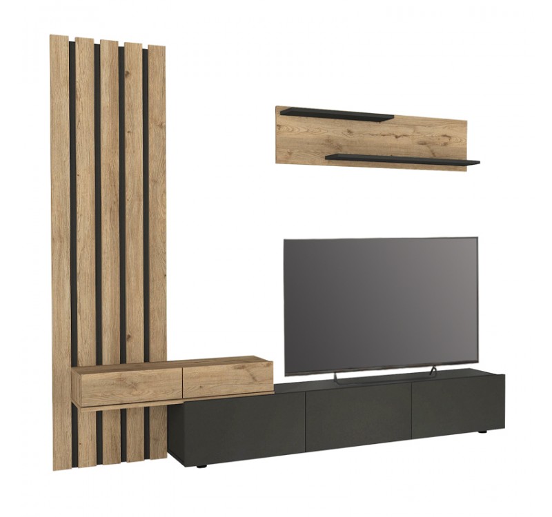 Σύνθεση τηλεόρασης Rosaline Megapap χρώμα ανθρακί - sepet oak 233x31,3x196,8εκ.