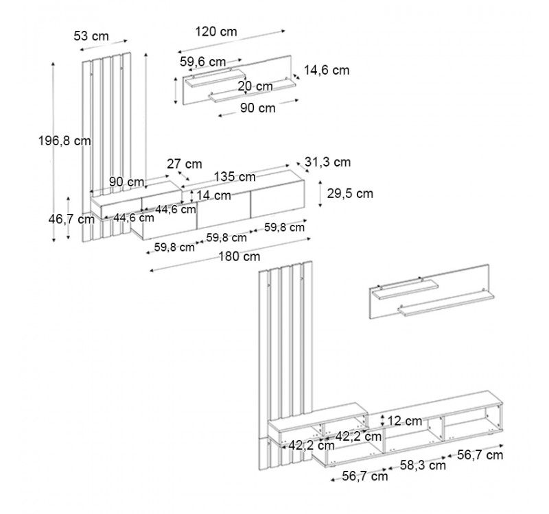 Σύνθεση τηλεόρασης Rosaline Megapap χρώμα ανθρακί - sepet oak 233x31,3x196,8εκ.