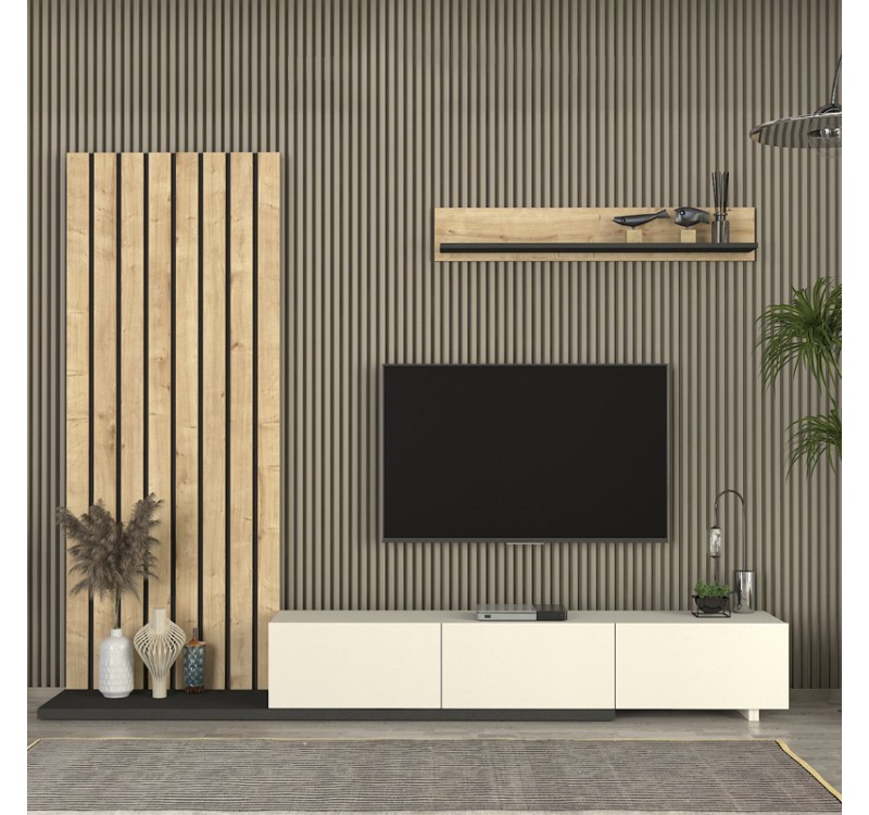 Σύνθεση τηλεόρασης Nagini Megapap χρώμα ivory - sapphire oak - ανθρακί 260x39,4x203,6εκ.