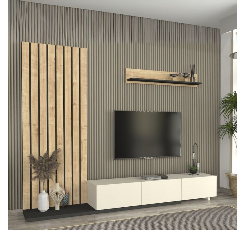 Σύνθεση τηλεόρασης Nagini Megapap χρώμα ivory - sapphire oak - ανθρακί 260x39,4x203,6εκ.