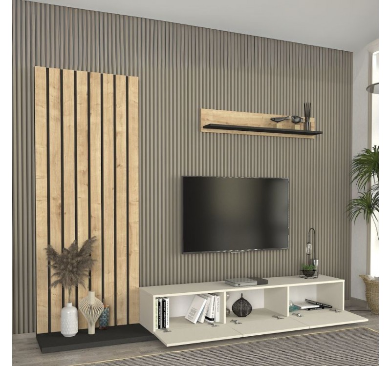 Σύνθεση τηλεόρασης Nagini Megapap χρώμα ivory - sapphire oak - ανθρακί 260x39,4x203,6εκ.