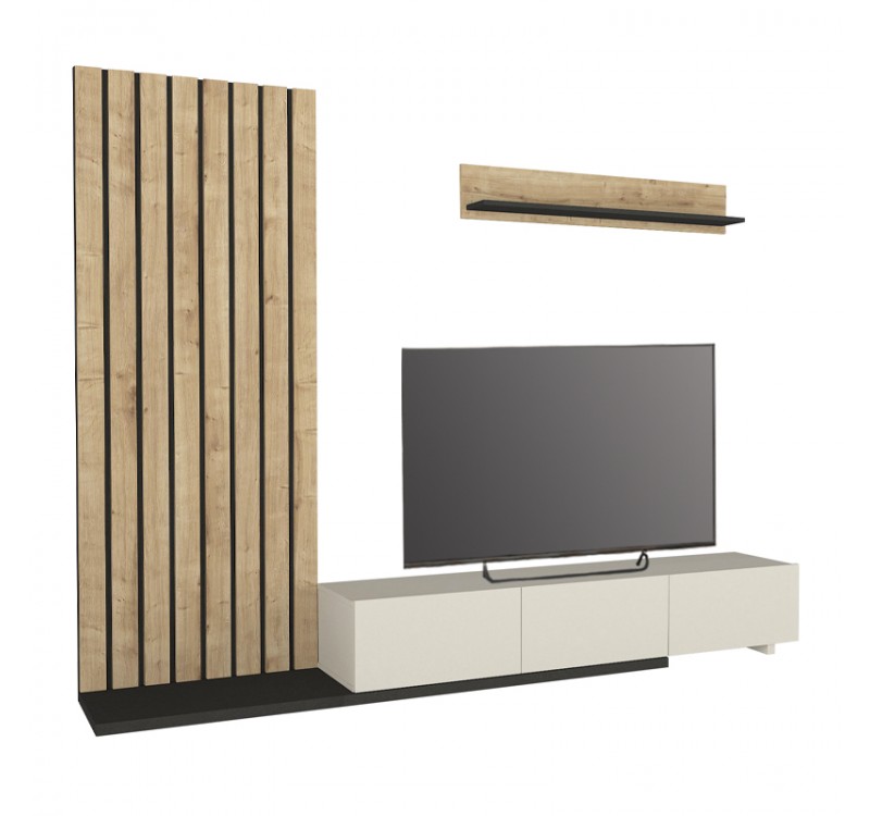 Σύνθεση τηλεόρασης Nagini Megapap χρώμα ivory - sapphire oak - ανθρακί 260x39,4x203,6εκ.