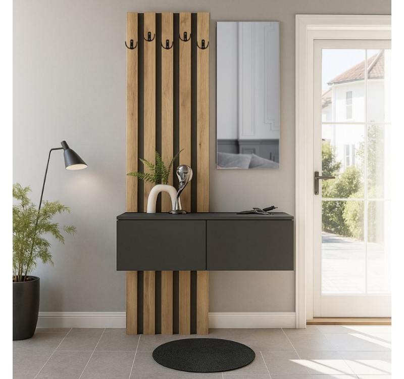 Έπιπλο εισόδου Kanso Megapap χρώμα ανθρακί - sepet oak 100x35x196,7εκ.