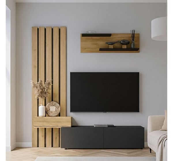 Σύνθεση τηλεόρασης Rosaline Megapap χρώμα ανθρακί - sepet oak 183x31,3x196,9εκ.