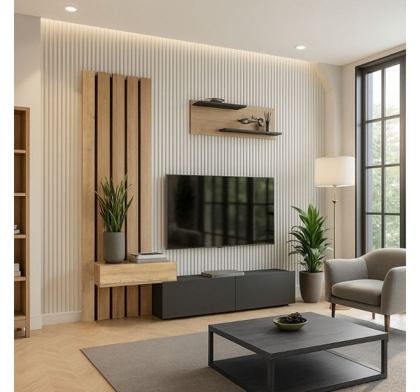 Σύνθεση τηλεόρασης Rosaline Megapap χρώμα ανθρακί - sepet oak 183x31,3x196,9εκ.