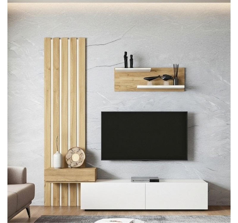 Σύνθεση τηλεόρασης Rosaline Megapap χρώμα λευκό - sepet oak 183x31,3x196,9εκ.